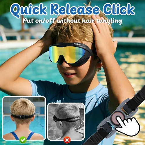 Miniatura 5 de Gafas de natación anti niebla UV para niños de 6 a 14 años, paquete de 2 gafas de natación para niños con tapones para los oídos adjuntos Dorado-azul