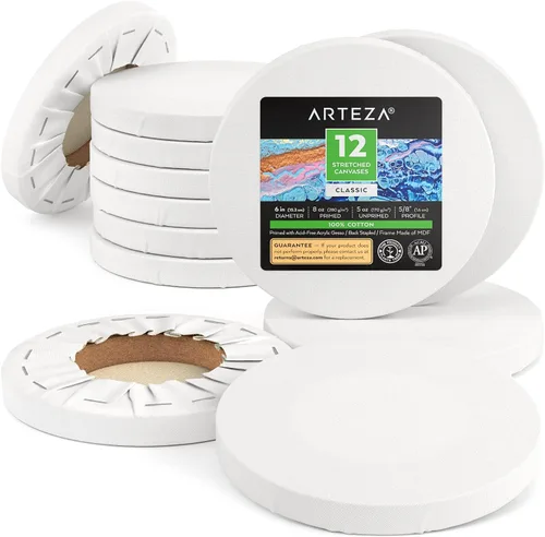 ARTEZA Lienzo redondo estirado, 6 pulgadas de diámetro, paquete de 12, tableros de lienzo blanco en blanco para pintura acrílica, óleo y gouache