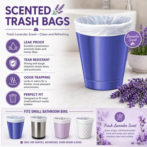 Miniatura 7 de Bolsas de basura con aroma a lavanda de 2.6 galones (200 unidades), color blanco, bolsas de basura pequeñas de 2 galones, bolsas de basura pequeñas