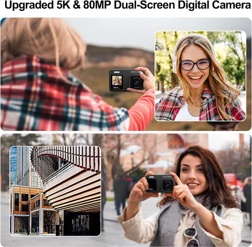 Miniatura 5 de Cámara digital de doble pantalla 5K mejorada, cámara de fotografía de vlog de 80 MP para YouTube, campus, viajes, cámara compacta de apuntar y Negro