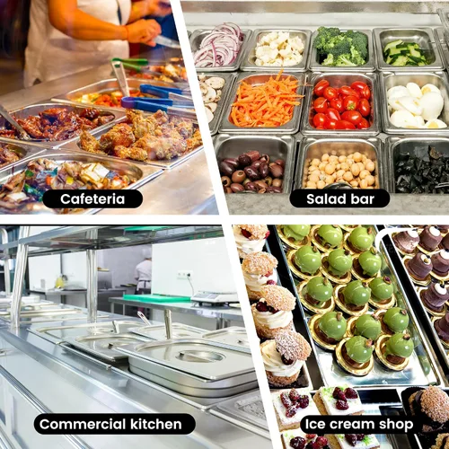 Miniatura 8 de BIEAMA Paquete de 6 bandejas de hotel, 1/6 tamaño 6" de profundidad, NSF, bandeja comercial de acero inoxidable, bandeja de mesa de vapor, bandejas
