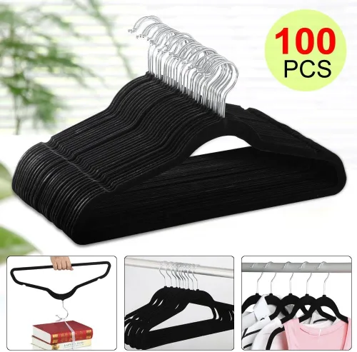 Miniatura 5 de Yaheetech Paquete de 100 perchas de terciopelo antideslizantes de alta resistencia flocado para abrigos, percheros para ahorrar espacio con gancho