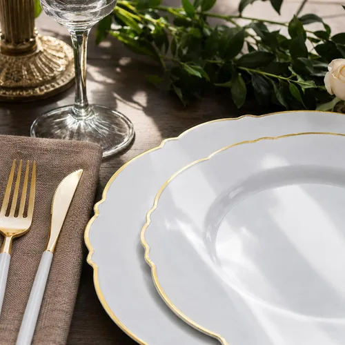 Miniatura 8 de WDF - Vajilla de plástico desechable para 30 invitados platos color oro y cubiertos color oro con mango blanco - Vajilla de plástico barroco blanco