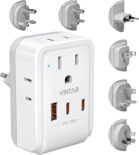 Kit de Adaptador de Viaje Universal, VINTAR PD Adaptador de Corriente Internacional de 35W con 3 Puertos USB (2 USB C) y 4 Salidas de CA, Conectores