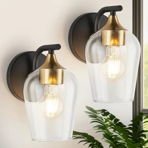 Miniatura 8 de Hamilyeah Juego de 2 apliques de pared dorados, apliques negros con pantalla de vidrio champán transparente, iluminación industrial para baño