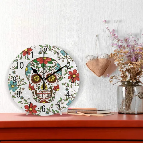 Miniatura 2 de ALAZA Decoración para el hogar, diseño floral de calavera de azúcar, día de los muertos, redondo, acrílico, 9.5 pulgadas, reloj de pared silencioso