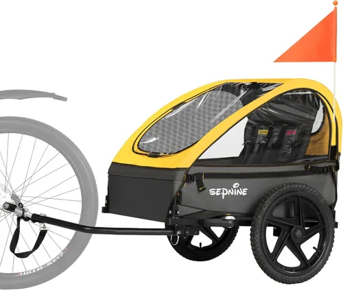 Miniatura 10 de Sepnine Remolque de bicicleta para niños, adecuado para 1 a 2 niños, 12 meses en adelante, fijación rápida a la bicicleta, plegable, con arnés de 5