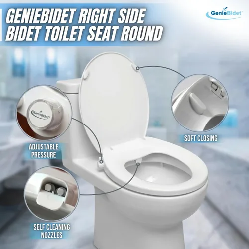 Miniatura 3 de GenieBidet Asiento de inodoro de bidé lateral derecho redondo, asiento de inodoro redondo con boquillas de autolimpieza ajustables, accesorio, Lado