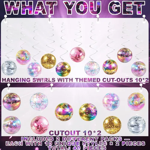 Miniatura 2 de Paquete de 40 decoraciones colgantes de discoteca – Decoraciones retro de cumpleaños de baile para niñas, suministros de fiesta de discoteca