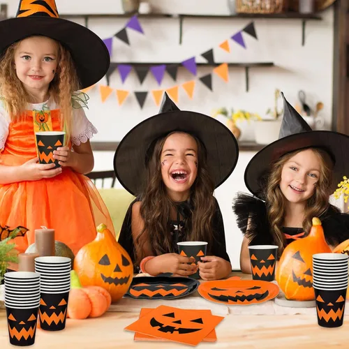 Miniatura 7 de Juego de vajilla de fiesta de Halloween, 72 piezas, platos de papel con temática de calabaza naranja y negra, vasos, servilletas, vajilla desechable