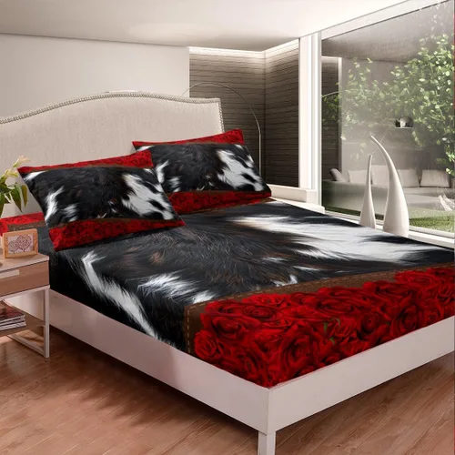 Miniatura 2 de Manfei Sábana bajera ajustable de piel de vaca, tamaño individual, juego de ropa de cama de flores de rosa roja, 2 piezas para decoración