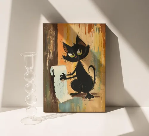 Miniatura 2 de Divertido Arte de Pared de Baño de Gato Negro en Lienzo Arte de Pared de Gato Abstracto con Imagen de Papel Higiénico Decoración de Pared Póster