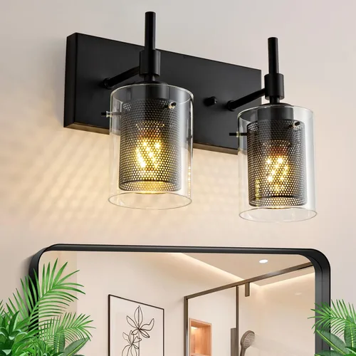 Miniatura 3 de Aplique de pared de latón de 2 luces, apliques de pared dorados de 12 pulgadas con pantalla de malla de rejilla, lámpara de pared de latón mate