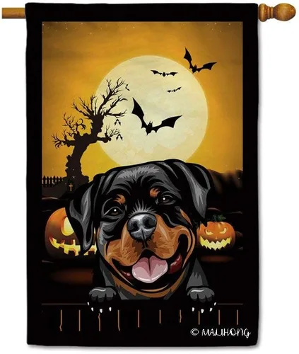 Miniatura 40 de Bandera de jardín de calabaza de Feliz Halloween Jack O'Lantern con perro Rhodesian Ridgeback Halloween Bat Boo Bandera decorativa para patio al