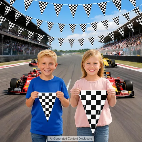 Miniatura 4 de Piokio - Bandera de doble cara de plástico con bandera a cuadros, decoraciones de cumpleaños de carreras, para suministros de fiesta de autos Nascar
