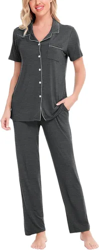 SWOMOG conjunto de pijama de dos piezas para mujer, ropa de dormir de manga corta, con botones, pantalones largos