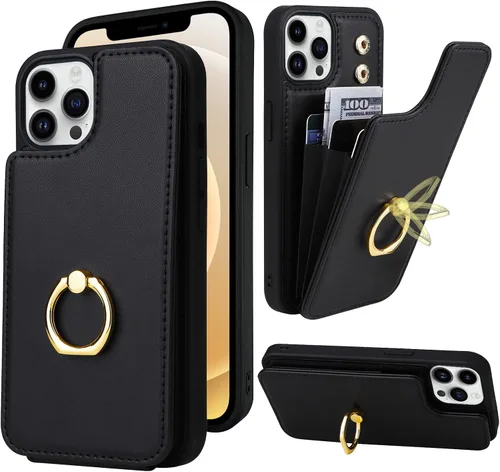 Funda tipo cartera para iPhone 12 y 12 Pro con soporte para tarjetas, rotación de 360°, soporte de anillo de dedo con función atril, protección