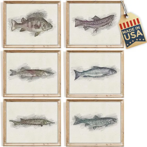 DREAM BIG PRINTABLES Impresiones artísticas de pared de bocetos de decoración de pesca (juego de 6) - 8 x 10 s | Gran regalo para pescadores