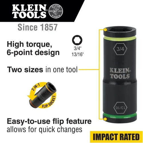 Miniatura 2 de Klein Tools 66074 Impact Driver Flip Socket, tamaños de 3/4 y 13/16 pulgadas, uso con llaves de impacto compactas Klein Tools BAT20CW, BAT20CW1