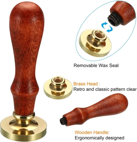 Miniatura 3 de PATIKIL Sello redondo de cera en blanco de 1.181 in, cabeza de latón extraíble sin tallar mango de madera retro para invitación de sobre, embalaje