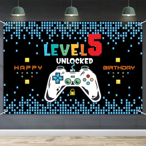 HAMIGAR Telón de fondo Baner de Feliz 5º cumpleaños de 6 x 4 pies - Decoración de cumpleaños desbloqueada nivel 5 suministros de fiesta para niños -