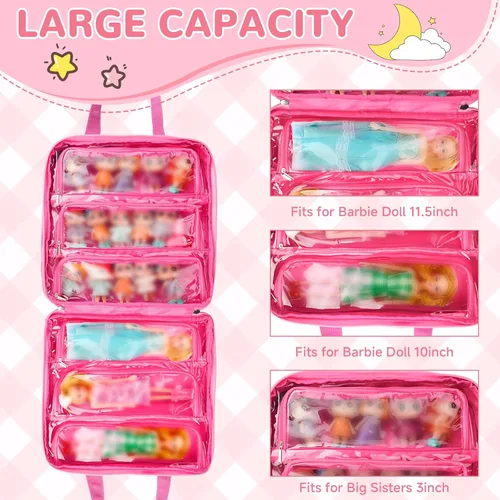 Miniatura 2 de Estuche de transporte para muñecas compatible con muñecas LOL Surprise, bolsa de almacenamiento de juguetes de viaje colgantes con 6 bolsillos Rosa