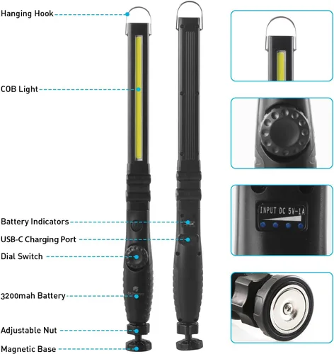 Miniatura 8 de Dr. Prepare - Luz LED de trabajo, 700 lúmenes, luz de trabajo recargable plegable, 3200 mAh, inalámbrica, portátil, magnética, luz de inspección LED
