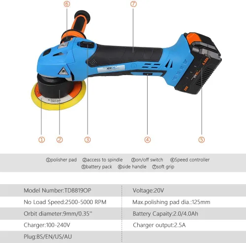 Miniatura 3 de NEWONE Pulidora orbital redonda inalámbrica de 20 V, búfer de doble acción, 5 pulgadas, 6 velocidades variables, mango antivibración, cera de pulido