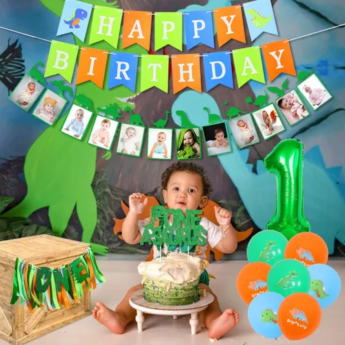 Miniatura 3 de Sursurprise Decoraciones de cumpleaños de One a Saurus, suministros de fiesta de primer cumpleaños de dinosaurio con globos, pancarta para silla