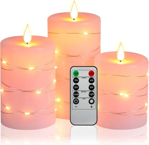 Upinmz Velas parpadeantes sin llama con cadena de luces integradas, velas que funcionan con pilas con control remoto y temporizador, velas LED para