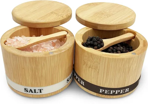 ThougrLyh Caja de sal y pimienta de bambú con tapa giratoria y 2 cucharas, 13 onzas