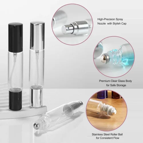 Miniatura 4 de YOCASII 4 botellas de perfume de viaje de doble cabeza con spray y bolas enrollables para aceites esenciales, botellas recargables de viaje de 0.3