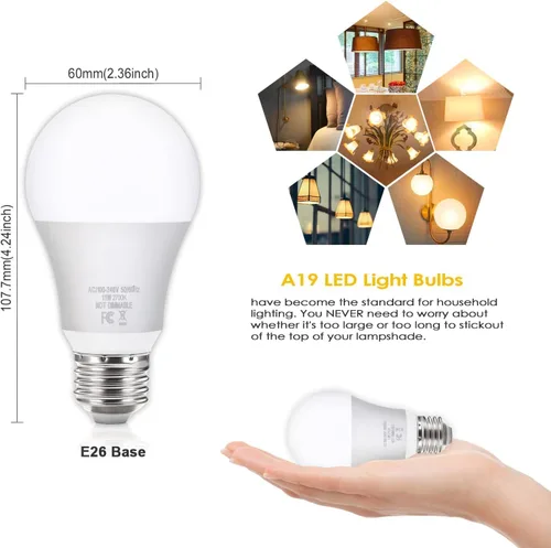Miniatura 3 de Yochoice Paquete de 12 bombillas LED A19, bombillas LED equivalentes a 100 W, luz blanca cálida de 2700 K, bombillas E26 Edison con base de tornillo