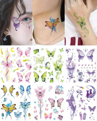 Miniatura 7 de Maquillaje de mariposa con purpurina para mujeres adultas, 10 hojas de mariposas coloridas, alas falsas de hada, calcomanías impermeables