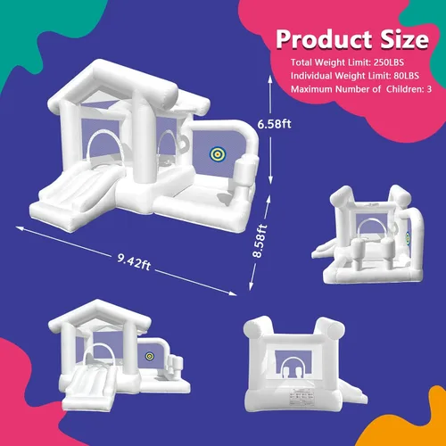 Miniatura 5 de Casa inflable blanca con hoyo de bolas, castillo de rebote blanco para interiores y exteriores con soplador, casa Boncy para niños de 3 a 8 años