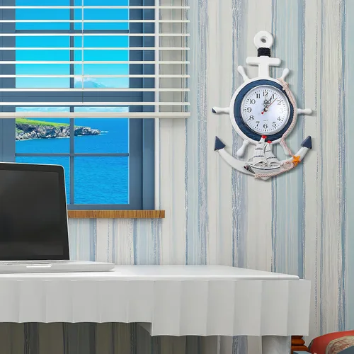 Miniatura 5 de BESPORTBLE Reloj náutico de anclaje de pared con temática de playa, reloj de barco costero, decoración de pared estilo mediterráneo, adorno