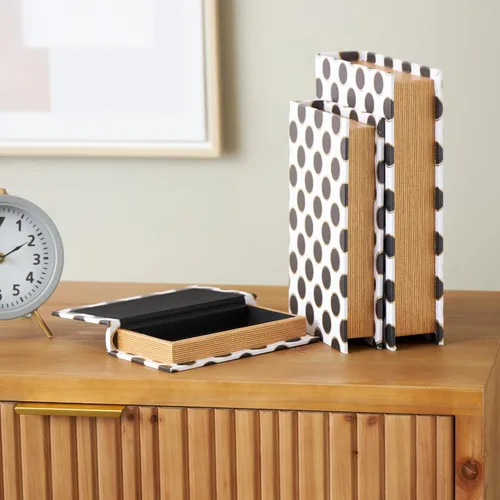 Miniatura 2 de Deco 79 Caja decorativa de piel sintética con forma de libro con patrones circulares negros y dorados, juego de 3 cajas decorativas de recuerdo