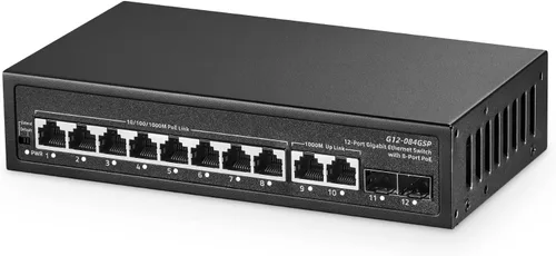 Miniatura 9 de Conmutador POE Gigabit de 10 puertos, 8 POE+ 1000Mbps, 2 Gigabit Uplink, IEEE802.3af/at, fuente de alimentación interna de 120 W, interruptor