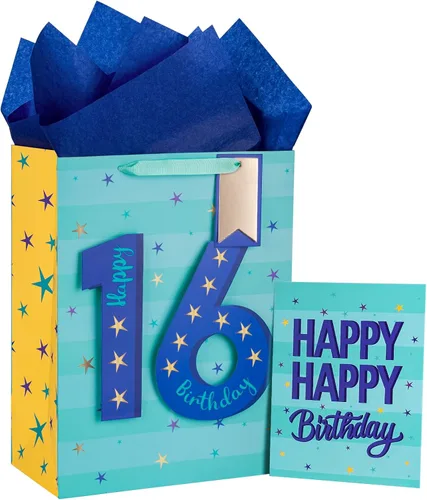 Loveinside Bolsa de regalo azul de cumpleaños con papel de seda, etiqueta de regalo y tarjeta de felicitación para niños, adolescentes, fiestas y