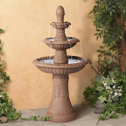 Santa Cruz - Fuente de suelo de piedra sintética de 45 3/4 pulgadas de alto, decoración italiana para exteriores, con luz LED, cascada de 3 niveles,