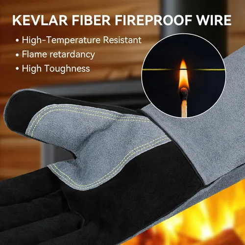 Miniatura 4 de OZERO Guantes de soldadura resistentes al calor 932°F de cuero de vaca de 16 pulgadas, manga larga y forro aislante, guantes de barbacoa