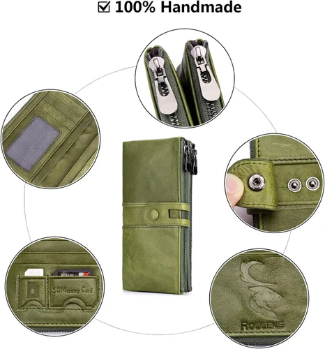 Miniatura 5 de Roulens Cartera para mujer de gran capacidad de cuero genuino plegable con bloqueo RFID tarjetero con bolsillo con cremallera
