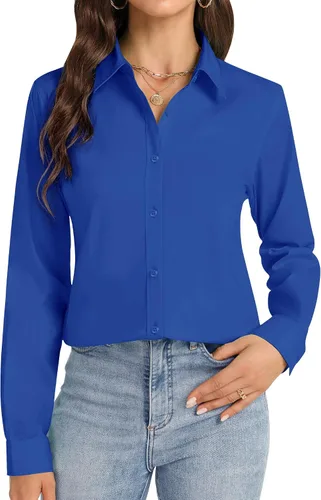 Miniatura 9 de Camisas con botones J.VER para mujer con cuello elástico y manga larga de algodón, camisa de vestir casual de negocios para el trabajo