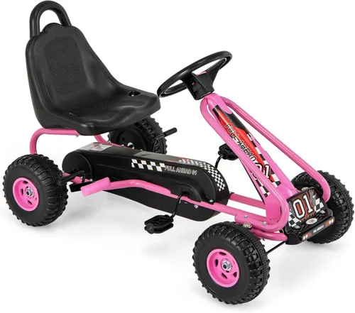 Miniatura 11 de HONEY JOY Go Kart para niños, carrito de 4 ruedas alimentado por pedal con volantes y asiento ajustable, freno de mano de seguridad, neumáticos Azul