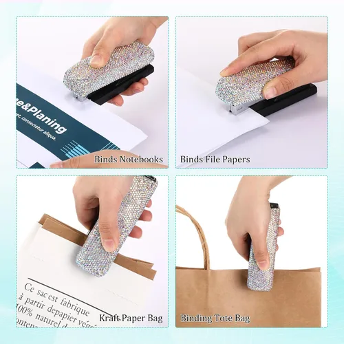 Miniatura 5 de Yexiya - Grapadora de colores AB para escritorio, con diamantes de imitación, regalo de regreso a clases, capacidad de 20 hojas con 1000 grapas