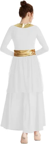 Miniatura 6 de MYRISAM Mujeres Alabanza Bata de Baile Culto Litúrgico Cintura Metálico Vestido de Manga Larga Falda de Gasa Traje Lírico