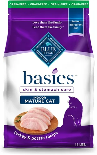 Blue Buffalo Basics - Alimento seco para gatos sin granos, cuidado de la piel y el estómago, dieta de ingredientes limitados para gatos maduros de