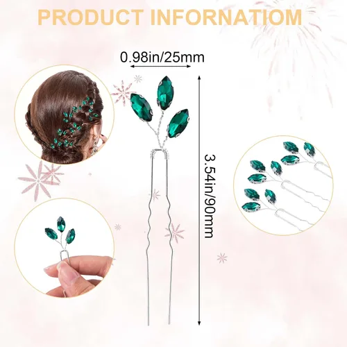 Miniatura 2 de PAGOW 10 horquillas de pelo con diamantes de imitación verdes, horquillas Bobby para novias, pieza de pelo de boda con diamantes de imitación