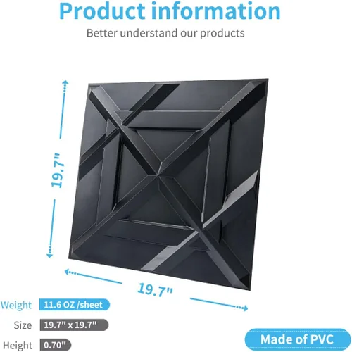 Miniatura 4 de Art3d Panel de pared 3D de PVC, azulejos decorativos de pared en negro, paquete de 12 unidades de 19.7 x 19.7 pulgadas Negro profundo