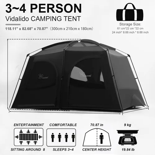 Miniatura 4 de Vidalido Tiendas de campaña, tienda de campaña para 3 a 4 personas con vestíbulo extendido, tiendas familiares resistentes a la intemperie